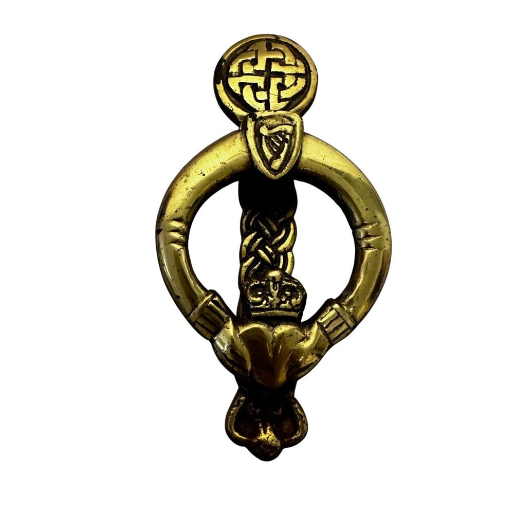 Brass Door Knocker Irish Claddagh Harp Celtic Knot Design Small Gold Tone